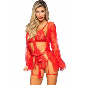 LEG AVENUE - 86123 SET BODY + BATA DE LIGUERO ROJO TALLA M